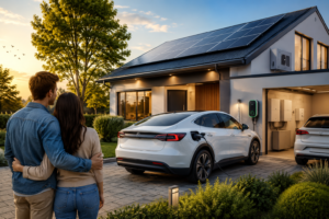 Happy couple outside a modern Australian home with rooftop solar panels and an electric vehicle charging station