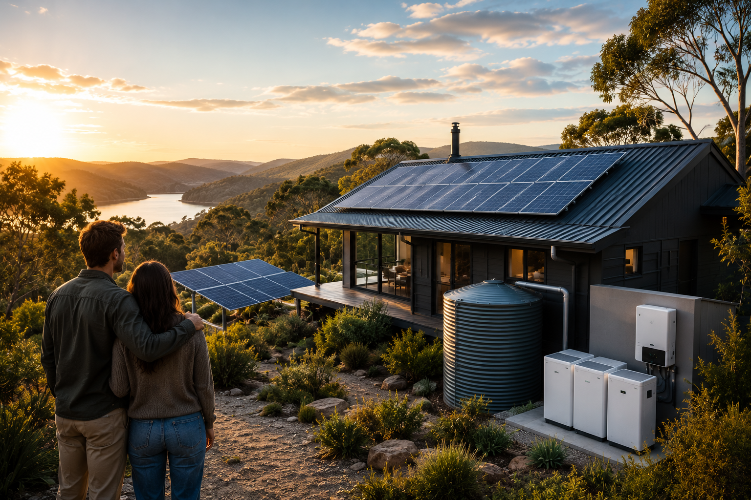 Off-grid solar home in Australia with solar panels, battery storage, and sustainable energy system