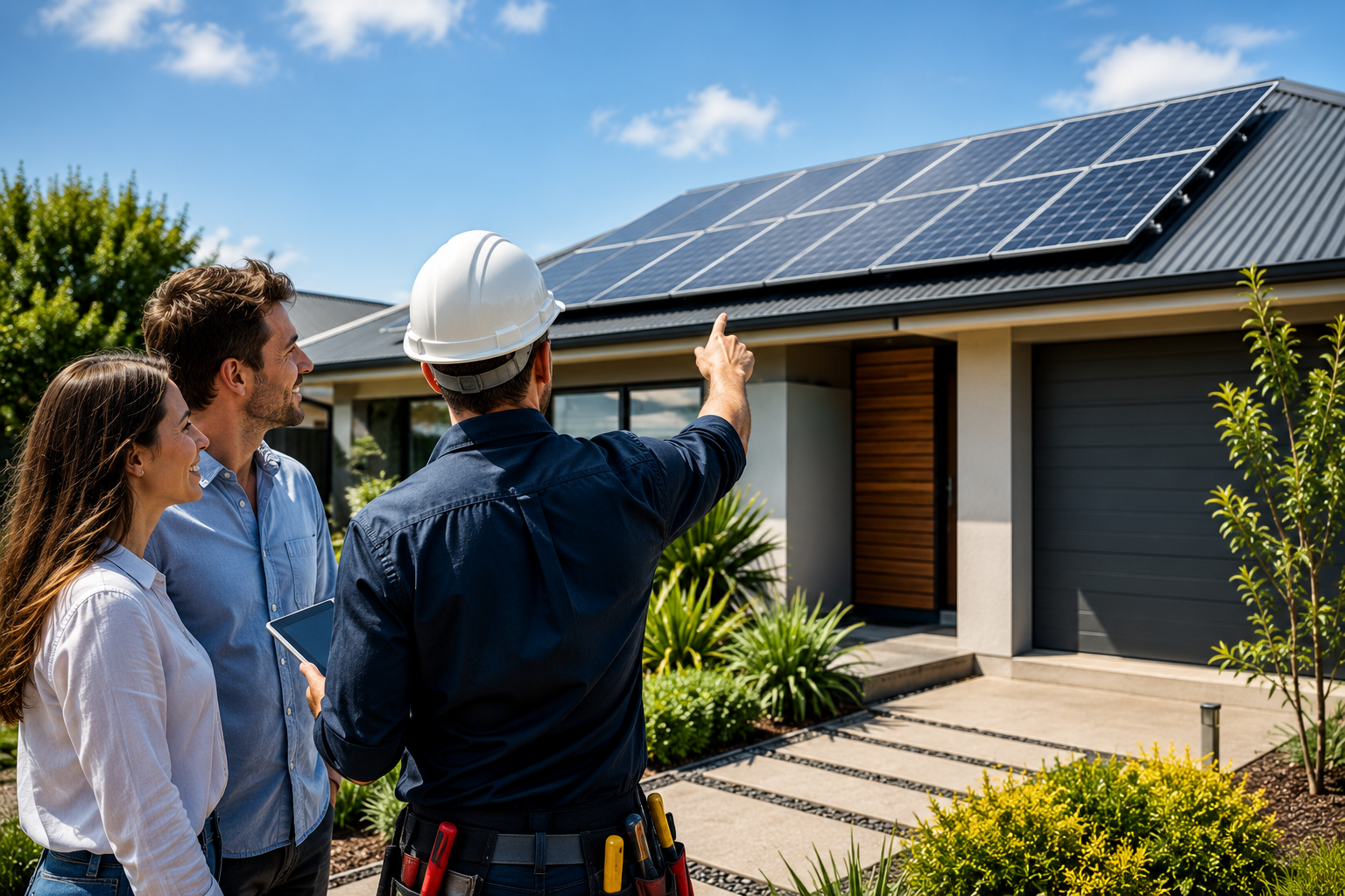 Professional solar installer consulting homeowners about rooftop solar panel installation in Australia