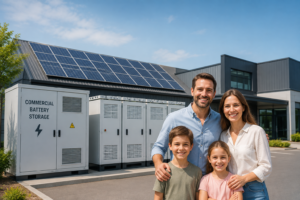 Family Beside Commercial Battery Storage