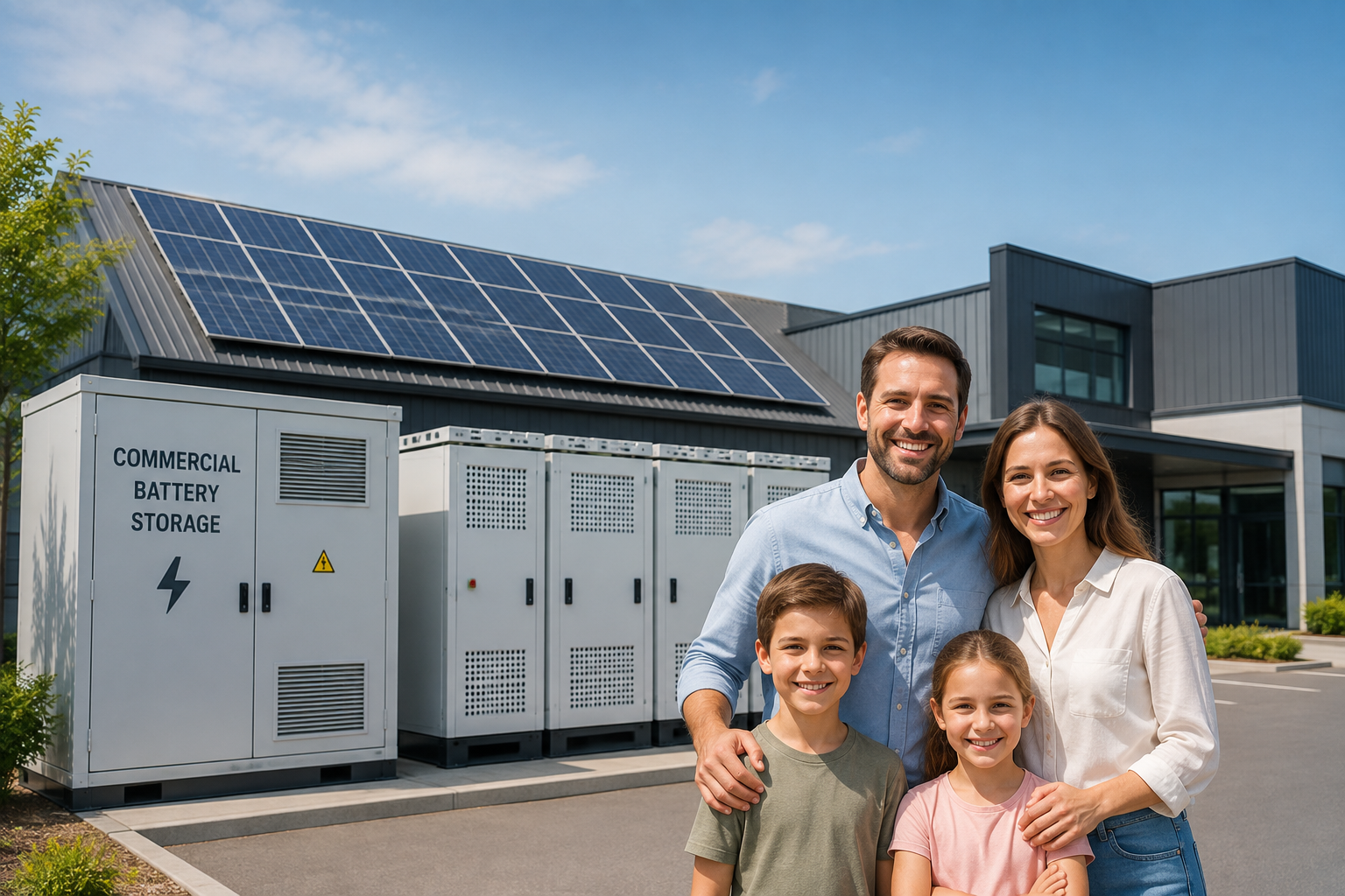 Family Beside Commercial Battery Storage
